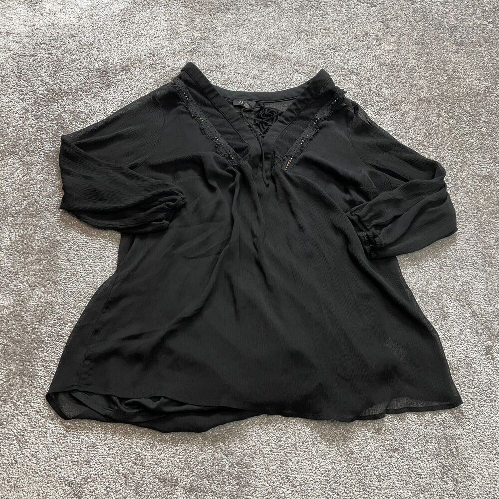 Alyx Blouse Shirt Womens 2X Black Long Sleeve Cross Lace V Neck Tank Top Lining